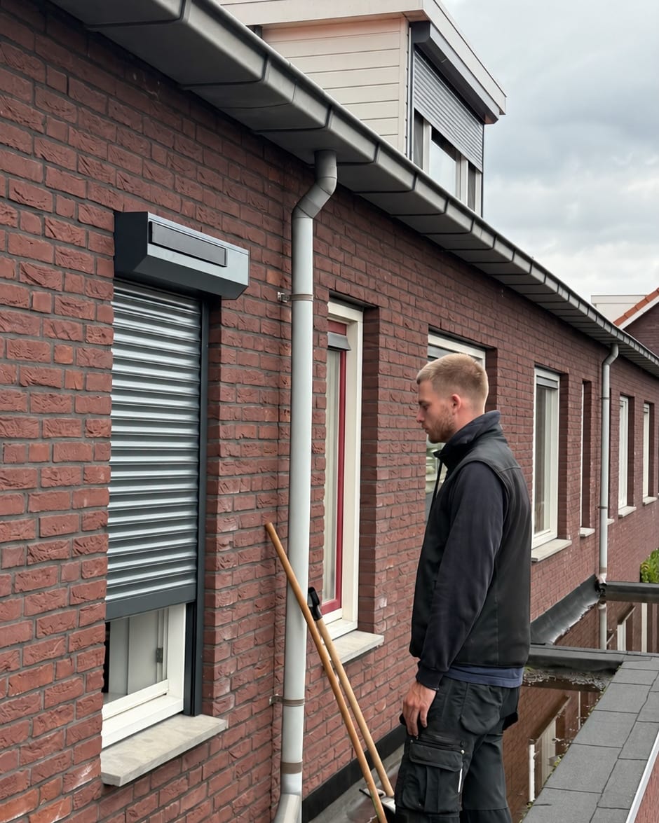 Bas controleert een gemonteerd rolluik aan de achtergevel