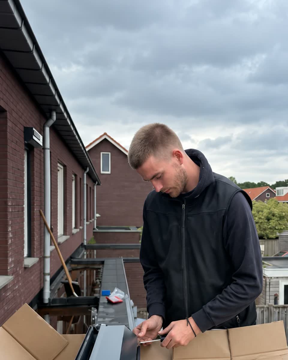 Bas schroeft op een plat dak een geleider vast aan een rolluik
