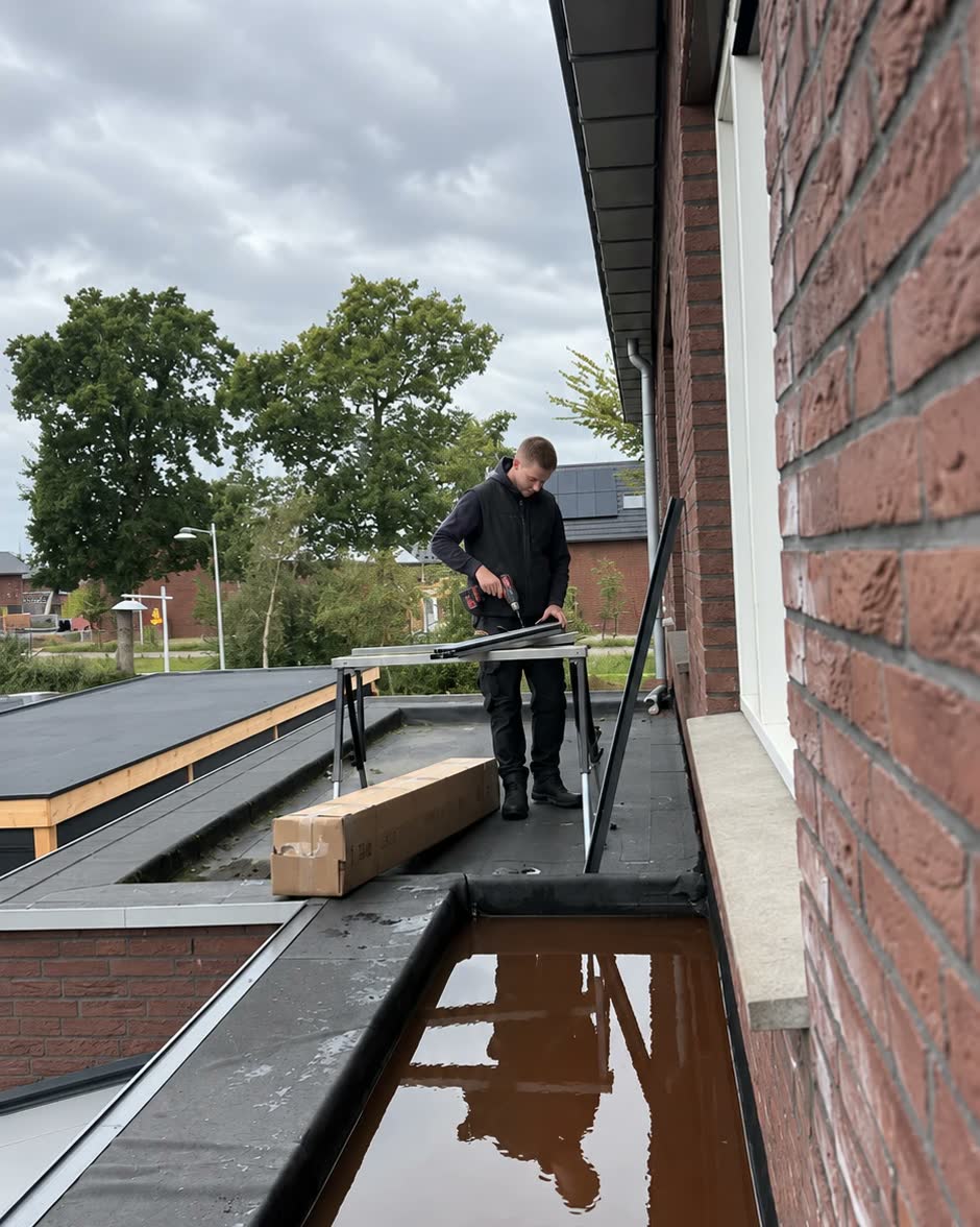 Bas bewerkt een rolluikprofiel op een werkbok op een plat dak